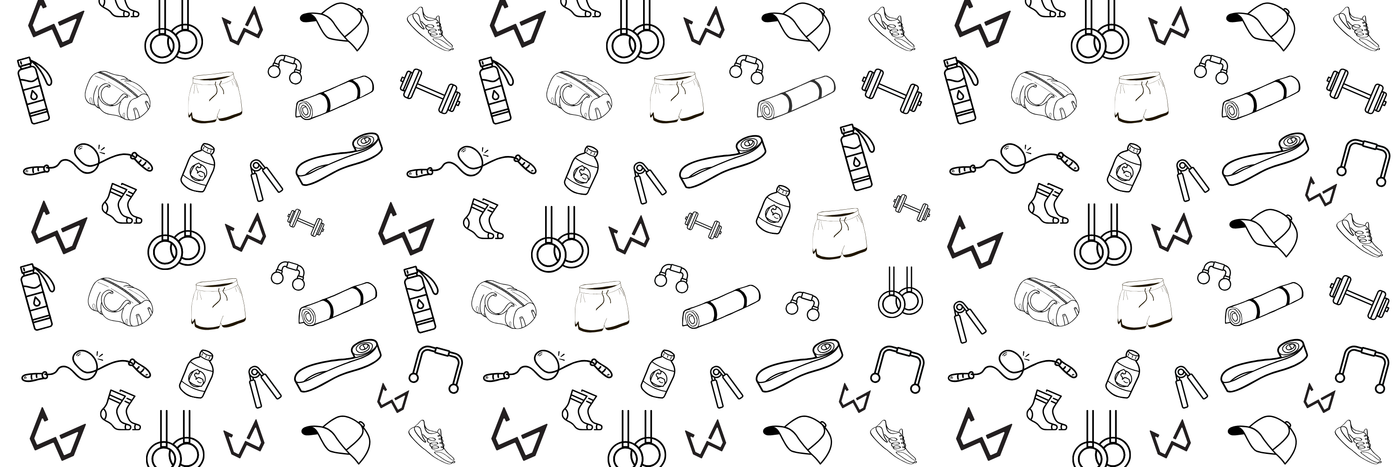 Black outline drawings of various calisthenics equipment like rings, jump ropes, resistance bands, and apparel on white.