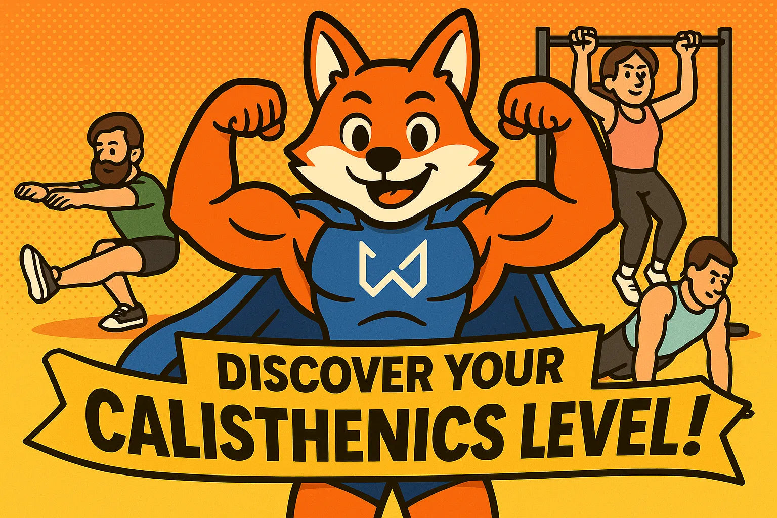 Cartoon fox superhero with flexing muscles, surrounded by people doing calisthenics exercises.