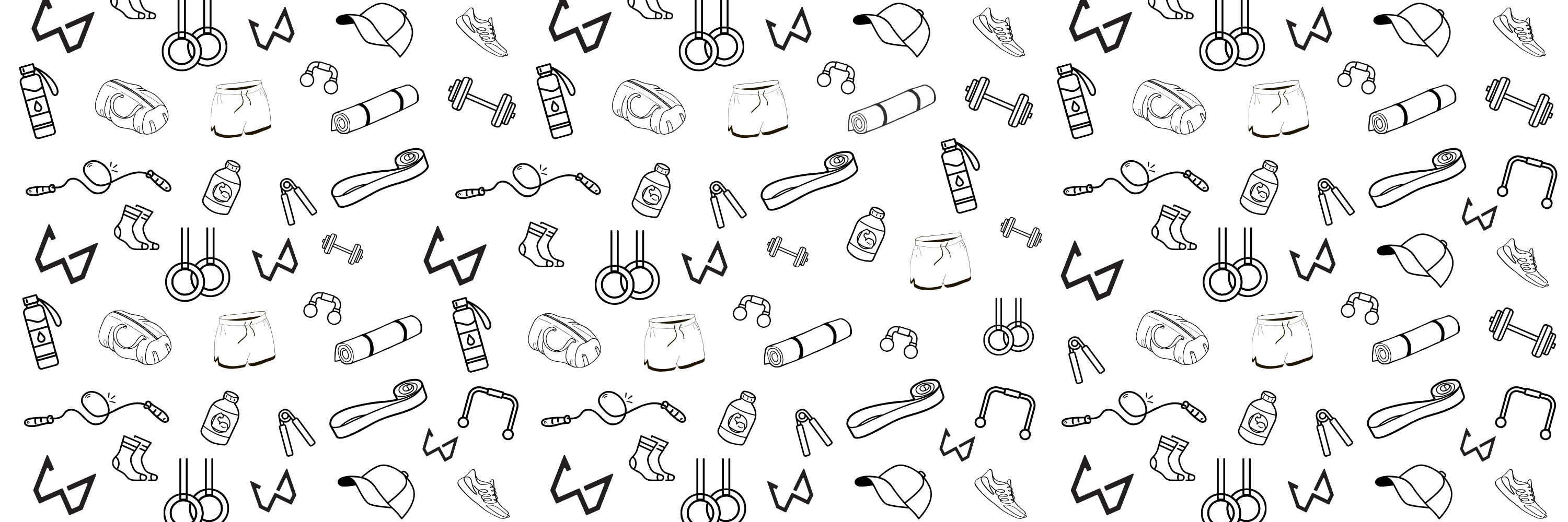 Black outline drawings of various calisthenics equipment like rings, jump ropes, resistance bands, and apparel on white.