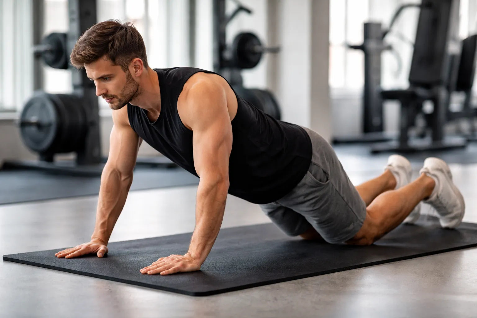 Man in black tank top and grey shorts doing knee push-ups on a black mat in a gym.