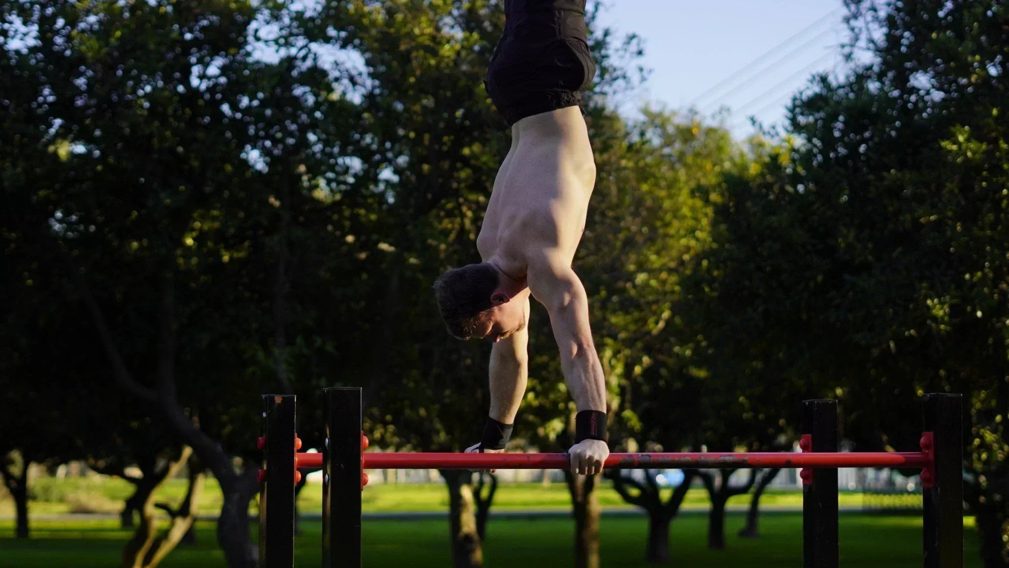 Muscular man performing a handstand on red parallettes outdoors, demonstrating advanced strength.