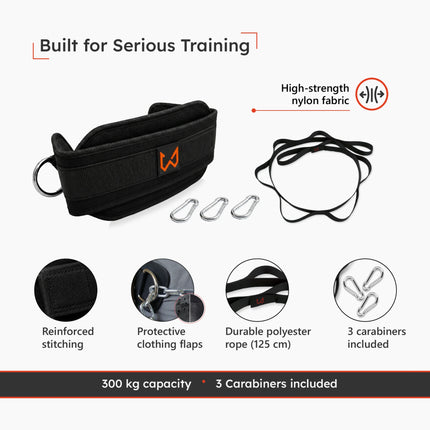 dip belt with 300 kg capacity, nylon fabric, reinforced stitching and 125 cm polyester rope