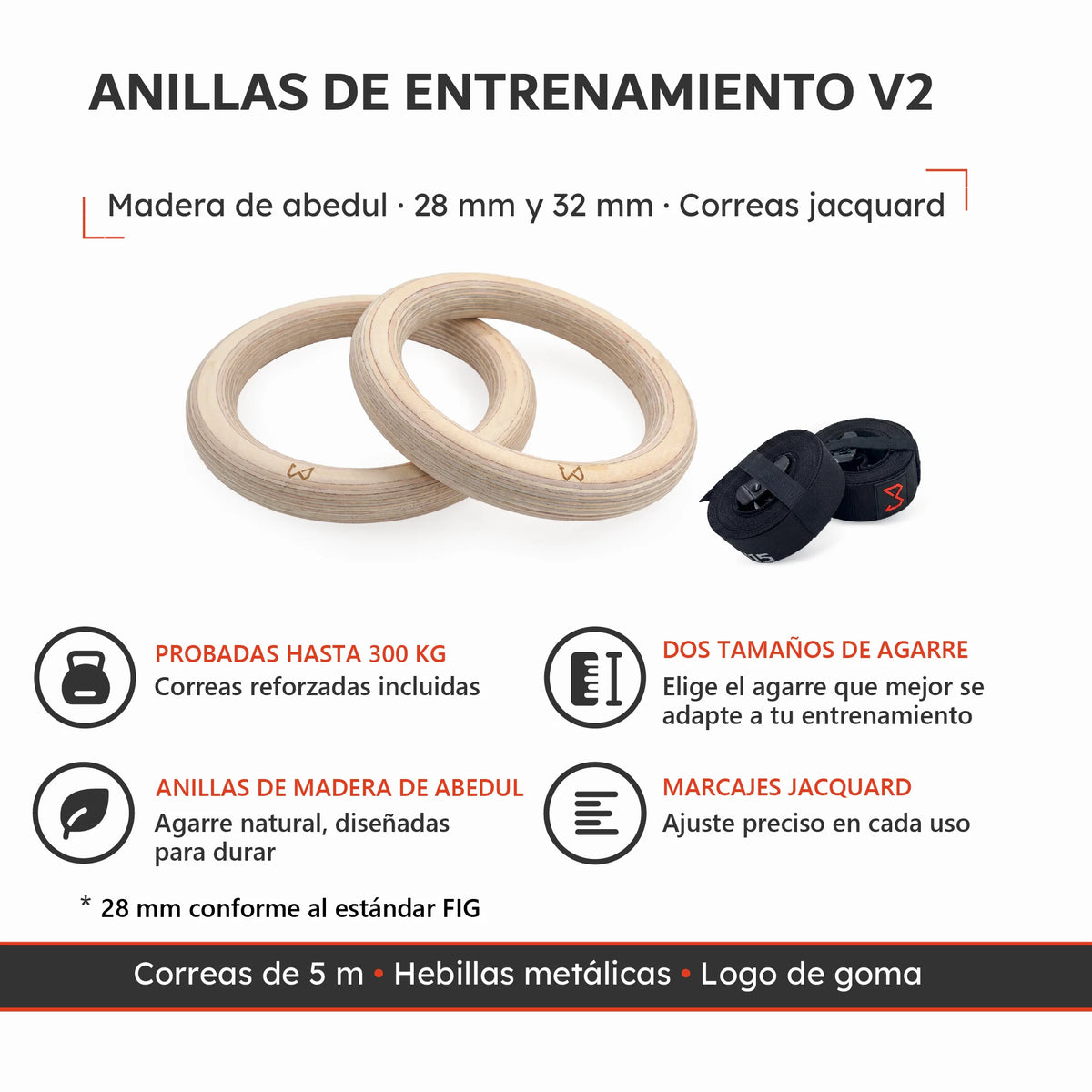 Anillas de calistenia de madera de abedul de 28 mm y 32 mm con correas jacquard