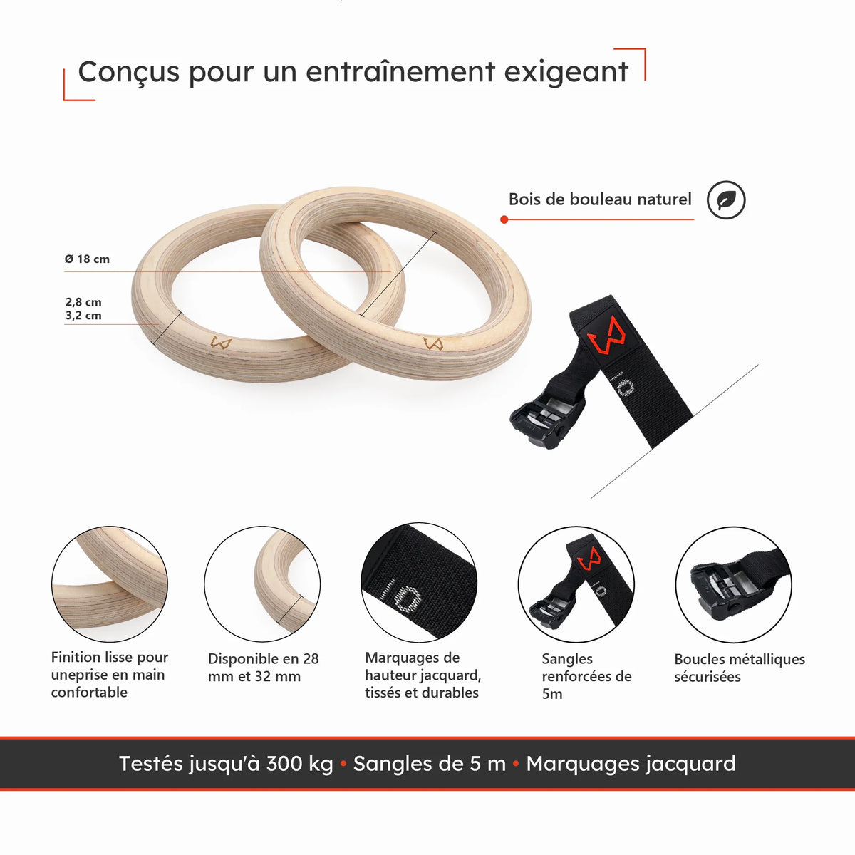 Anneaux de gymnastique en bois de bouleau avec sangles jacquard de 5 m