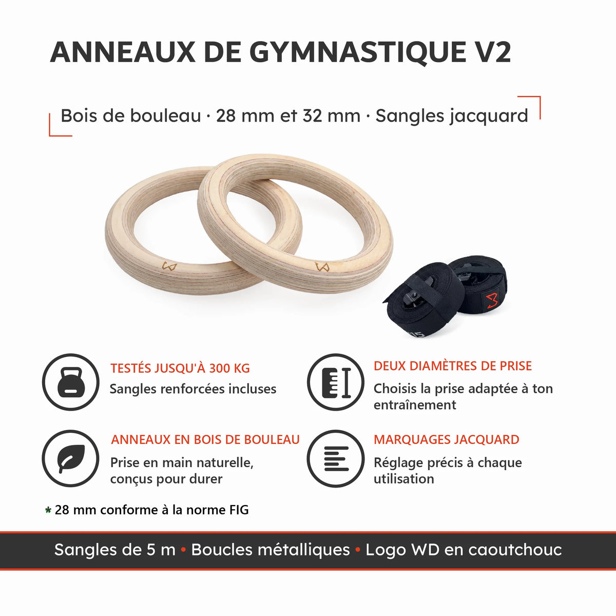 Anneaux de gymnastique en bois de bouleau avec sangles renforcées