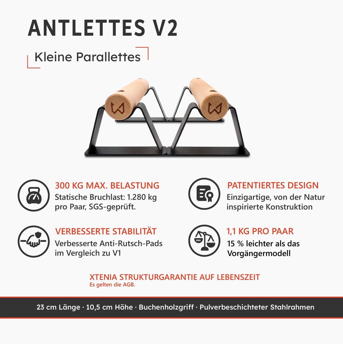 Antlettes V2 kleine Parallettes mit Holzgriffen und Stahlrahmen