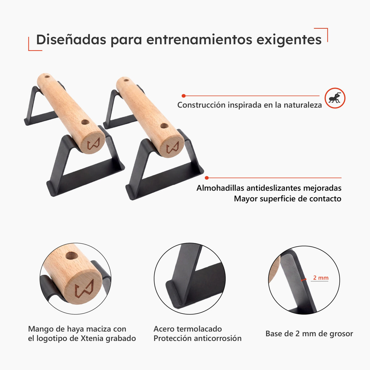 Paralelas Antlettes V2 con mangos de madera, estructura de acero y almohadillas antideslizantes