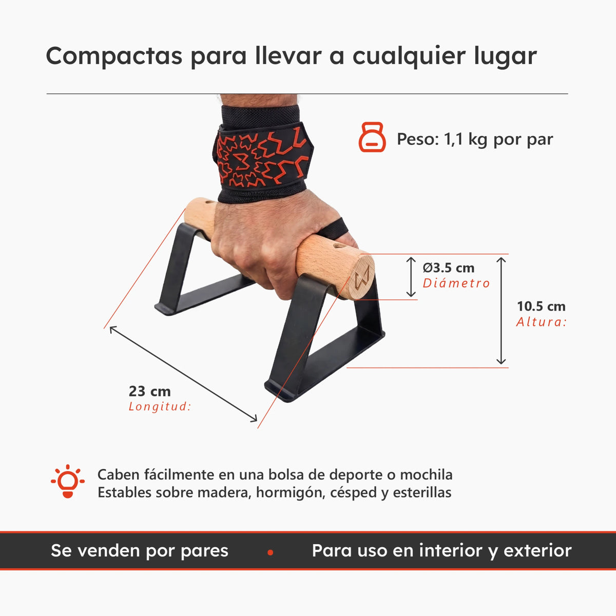 Paralelas Antlettes V2 con medidas de longitud, altura y diámetro del mango