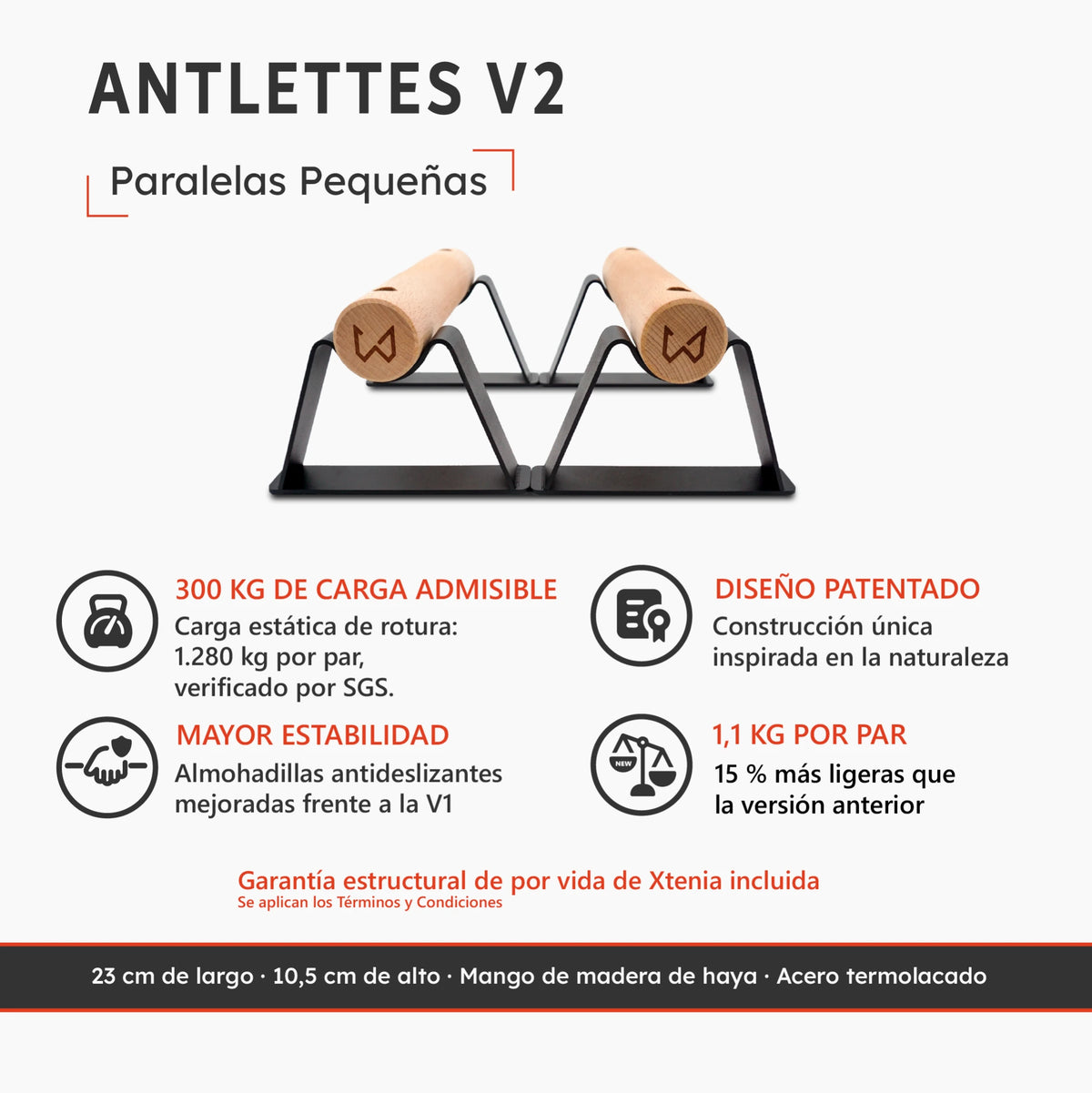 Paralelas pequeñas Antlettes V2 con mangos de madera y estructura de acero