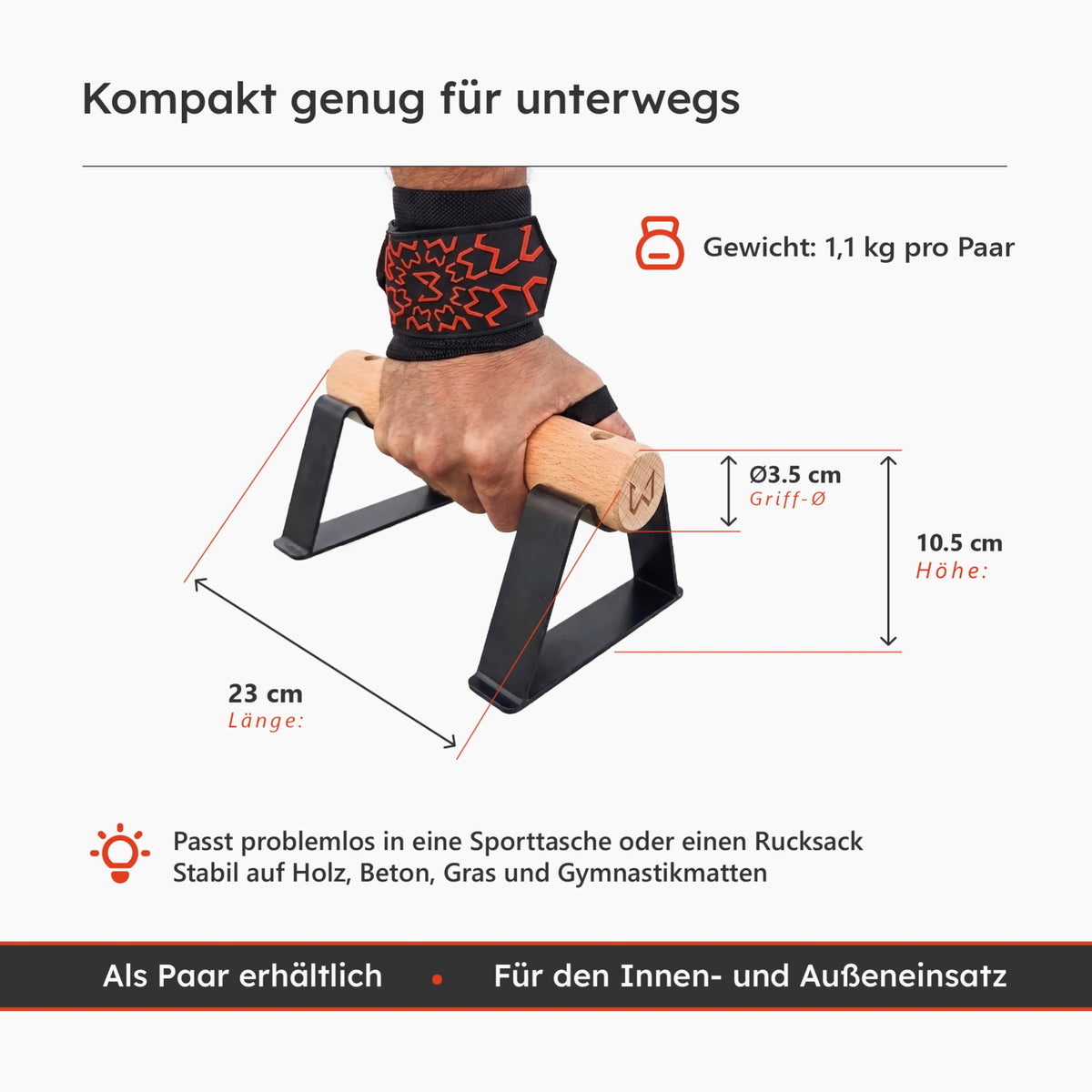 Antlettes V2 Parallettes mit Angaben zu Länge, Höhe und Griffdurchmesser
