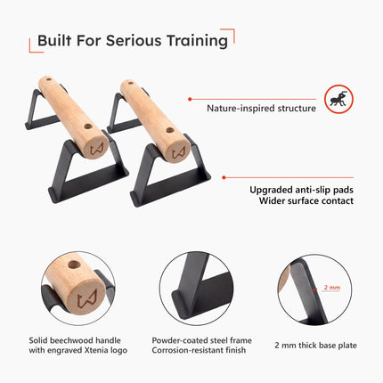 Antlettes V2 parallettes showing wood handles, steel frame and anti-slip pads