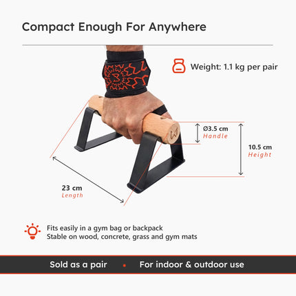 Antlettes V2 parallettes showing dimensions, handle size and weight