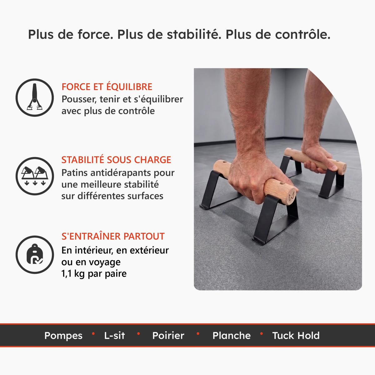 Personne utilisant des parallettes Antlettes V2 pour des exercices de force et d’équilibre