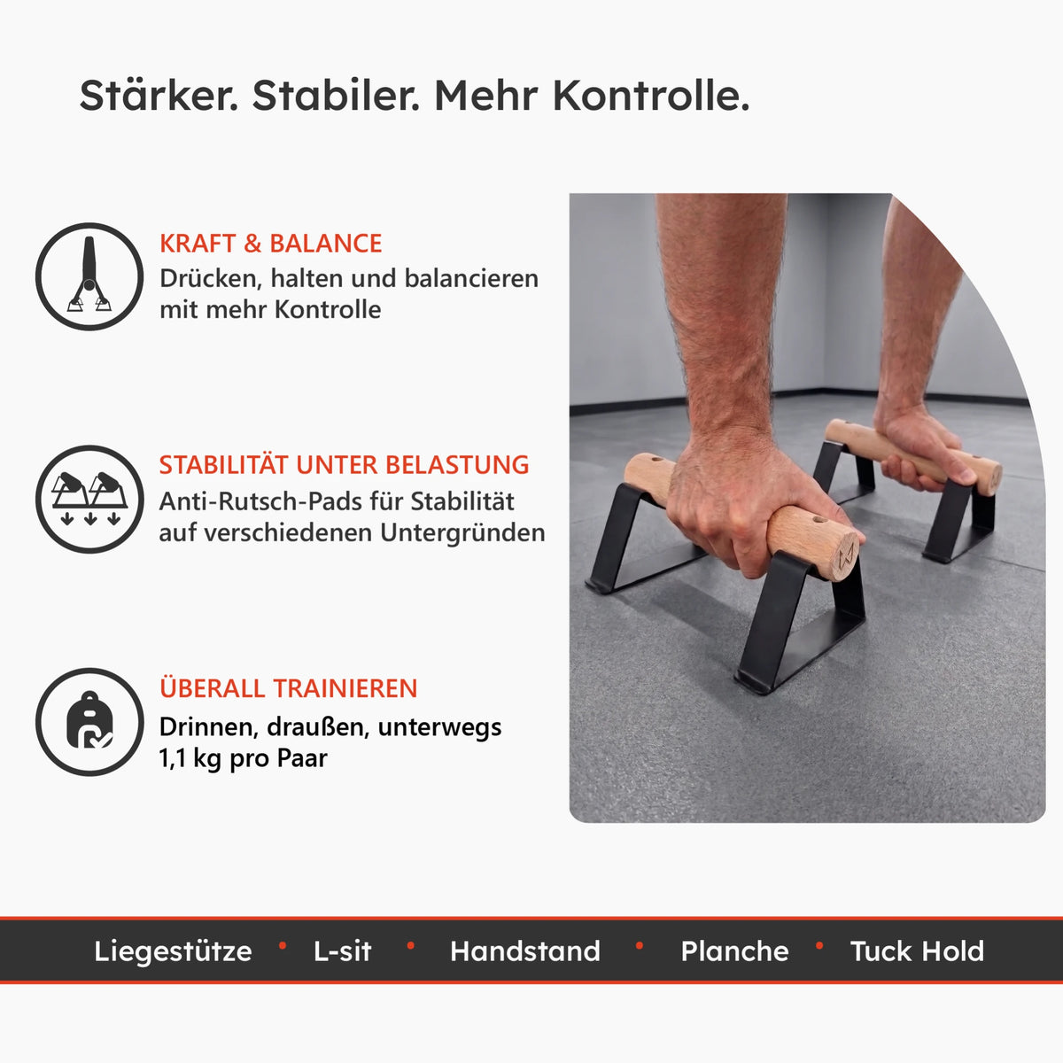 Person trainiert Kraft und Gleichgewicht mit Antlettes V2 Parallettes