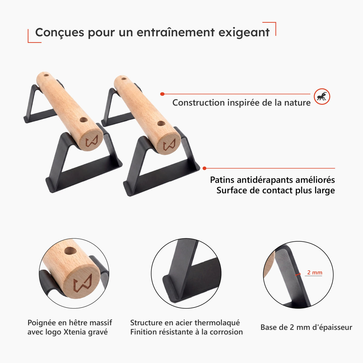 Parallettes Antlettes V2 avec poignées en hêtre, structure en acier et patins antidérapants