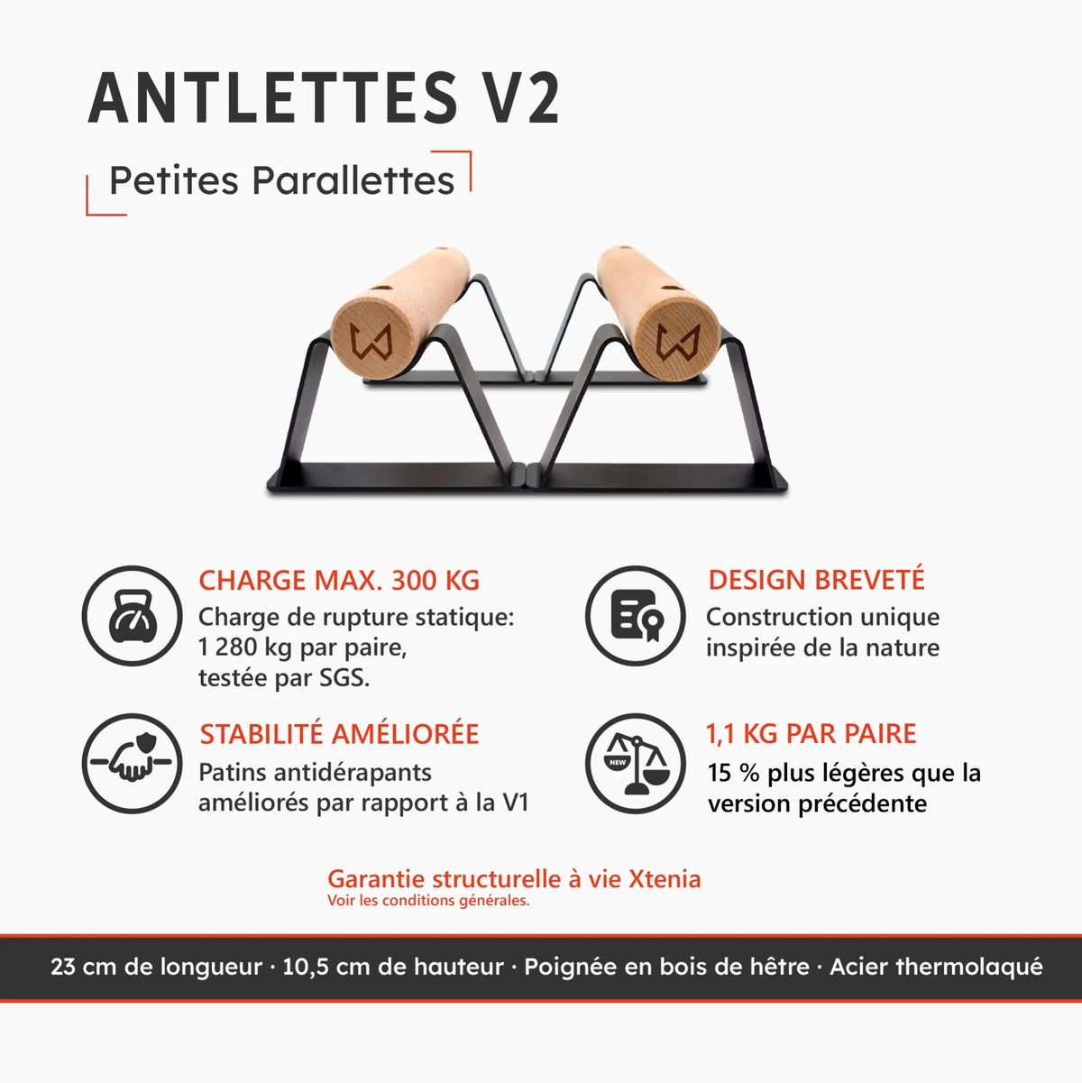 Petites parallettes Antlettes V2 avec poignées en bois et structure en acier