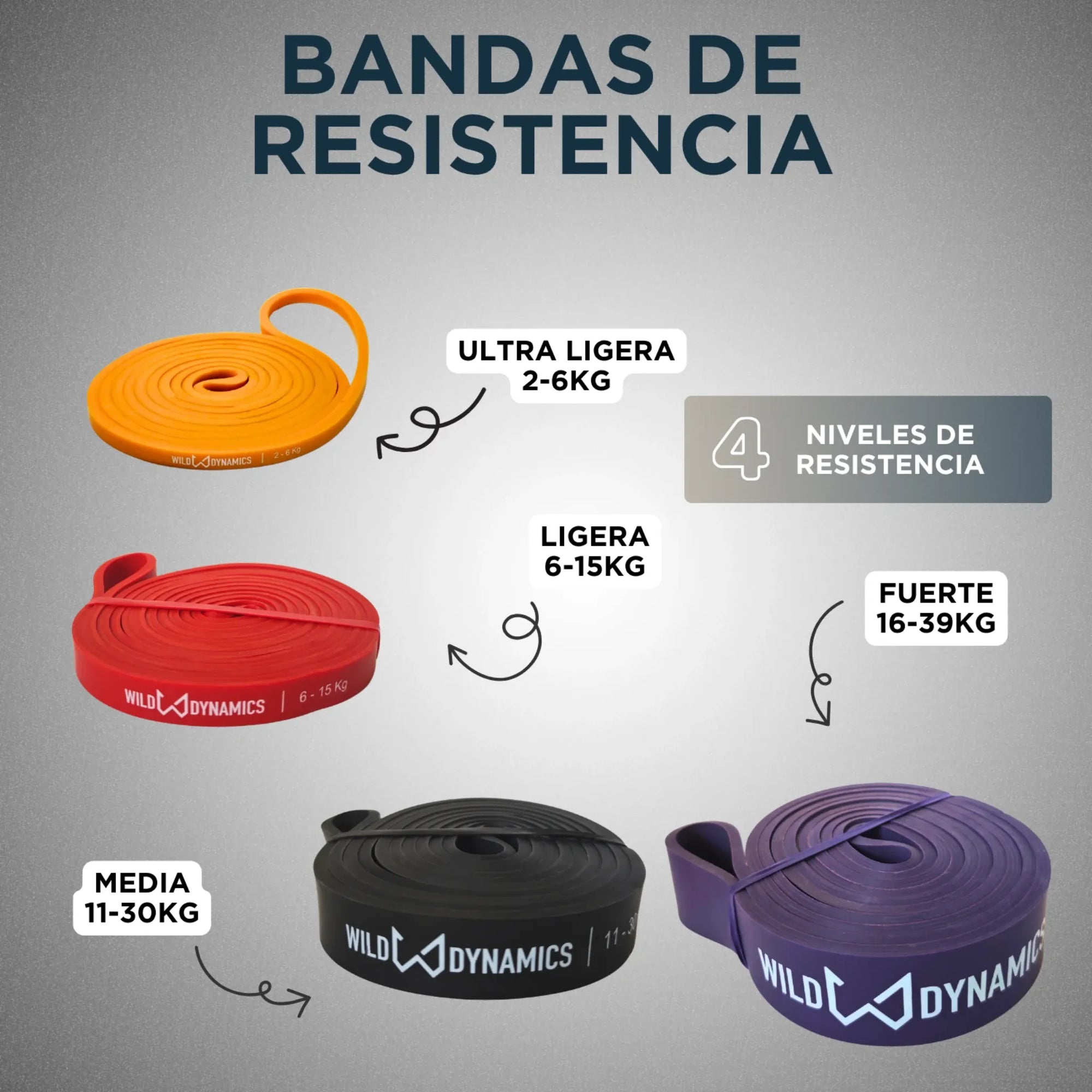 Resistance bands with labeled weight ranges on a gray background