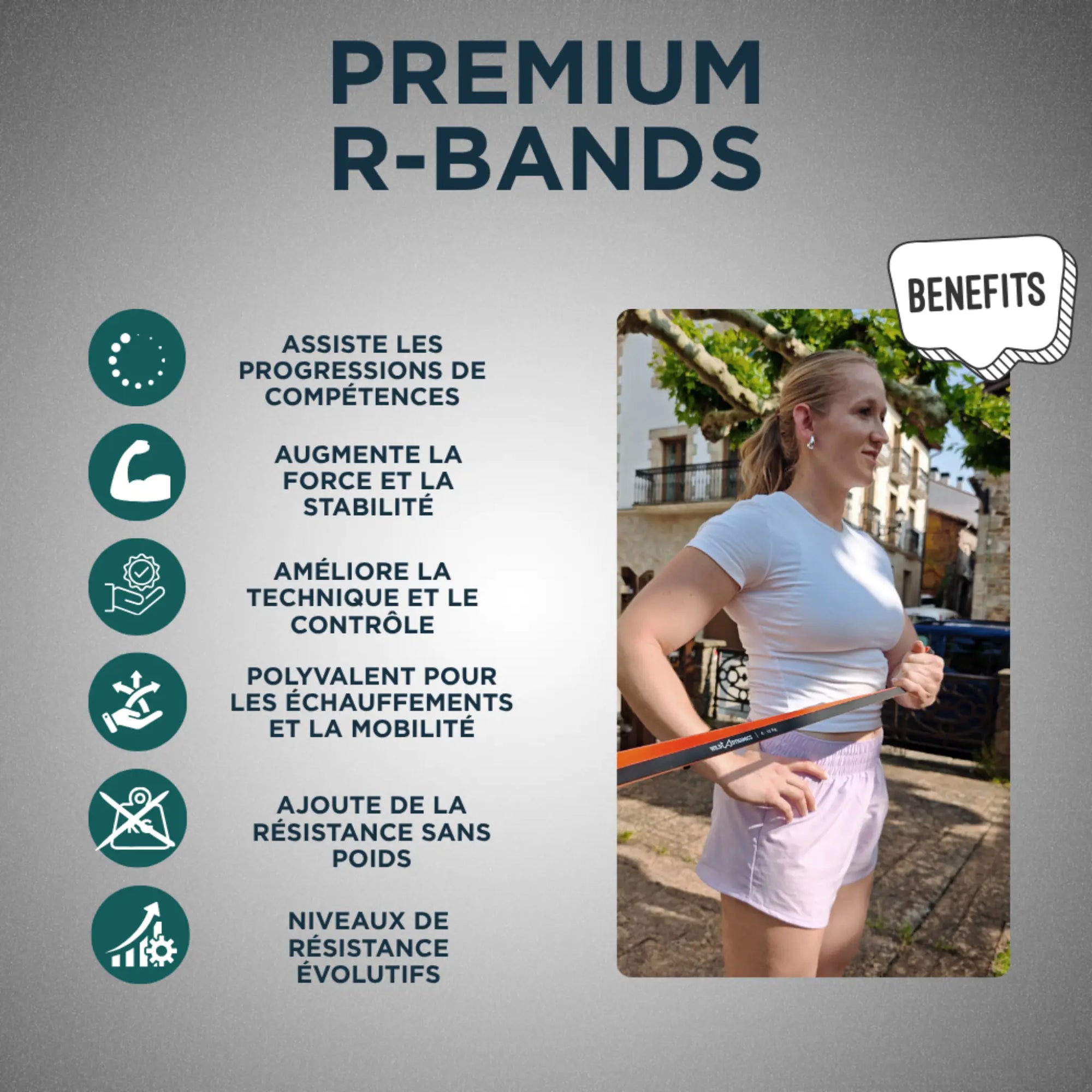 Advertisement for Premium R-Bands with a woman exercising outdoors