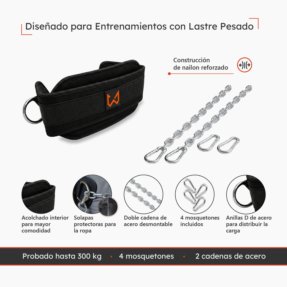 Cinturón lastrado de calistenia con doble cadena de acero y cuatro mosquetones