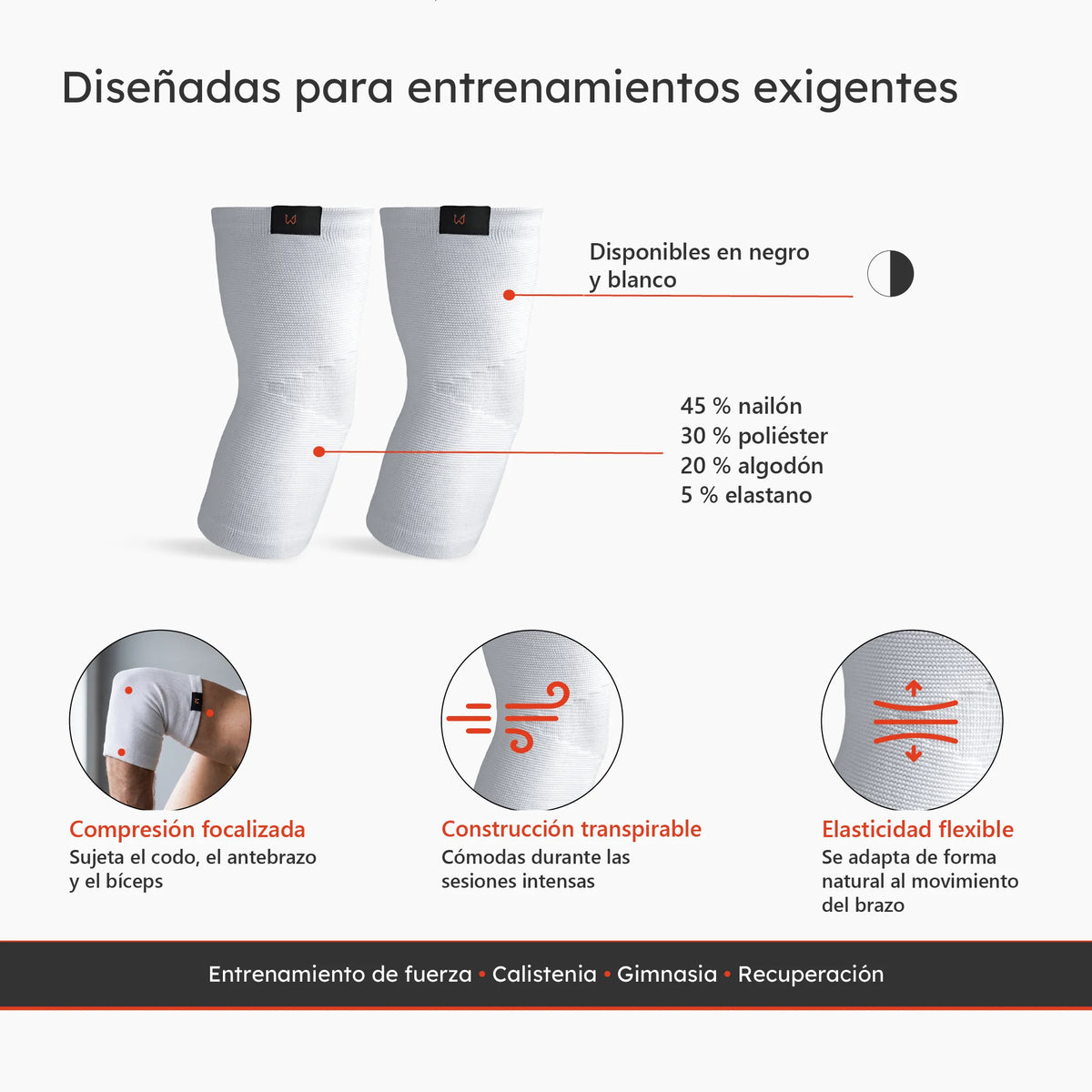 Coderas de compresión transpirables para entrenamiento de fuerza y calistenia
