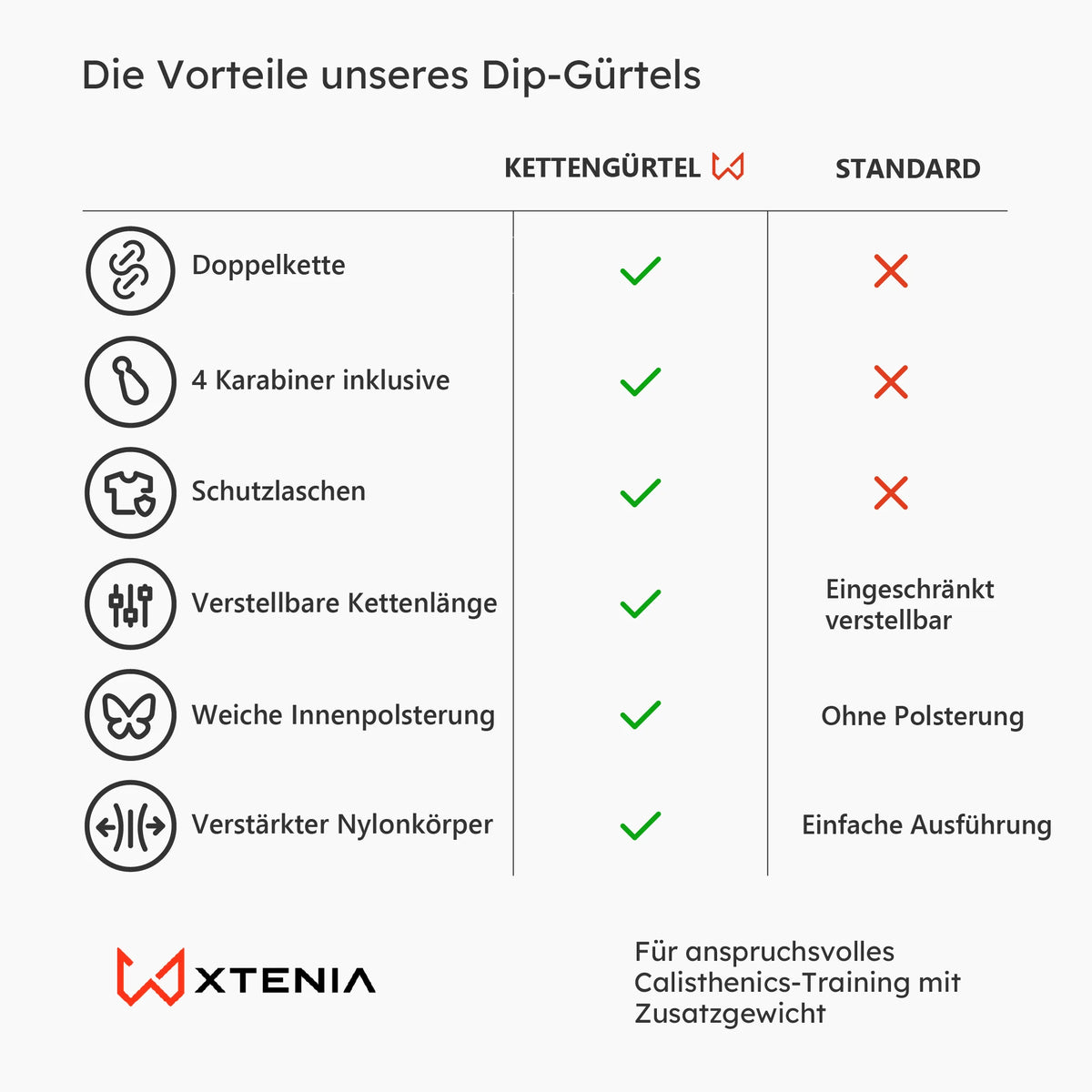 Vergleich der Vorteile eines Dip-Gürtels mit Doppelkette gegenüber einem Standard-Gürtel
