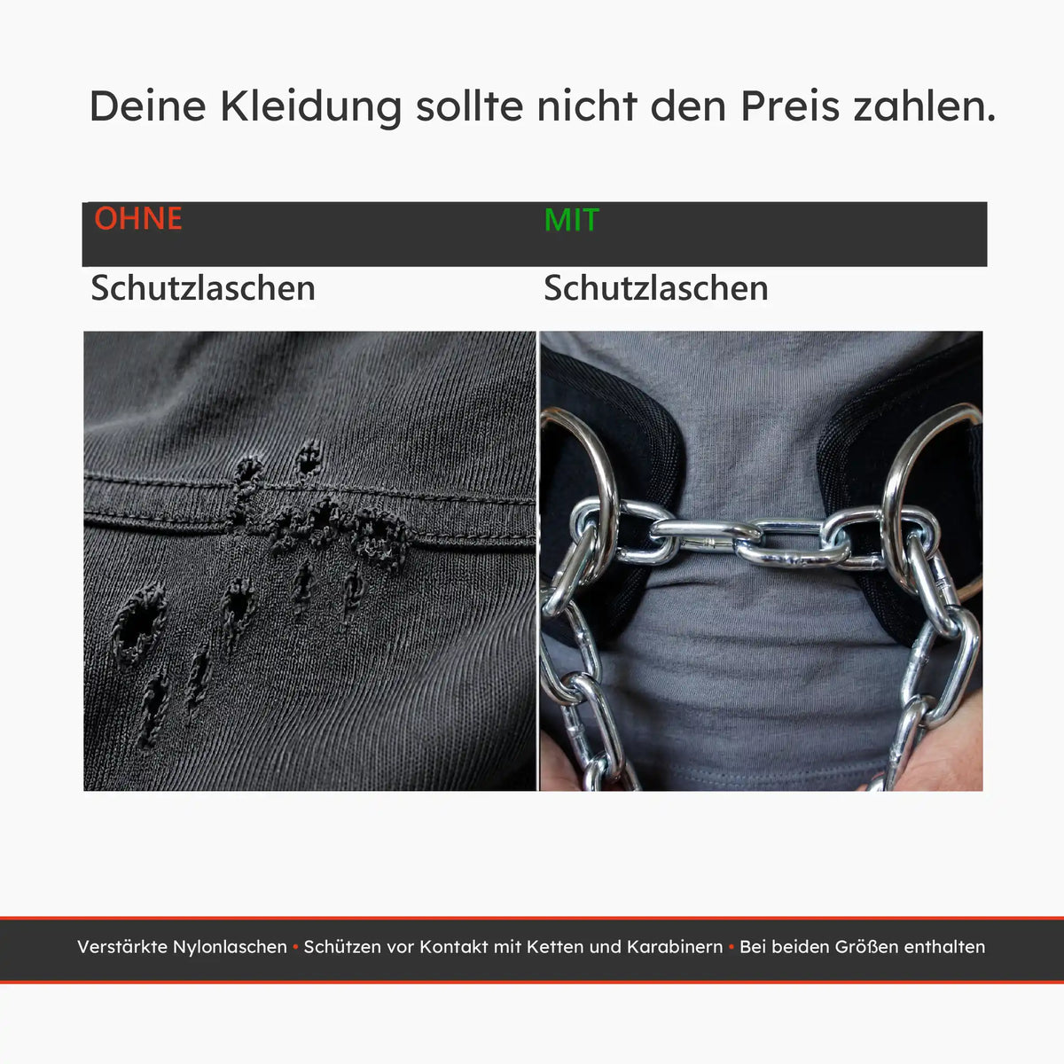 Dip-Gürtel mit Schutzlaschen zum Schutz der Kleidung vor Ketten und Karabinern