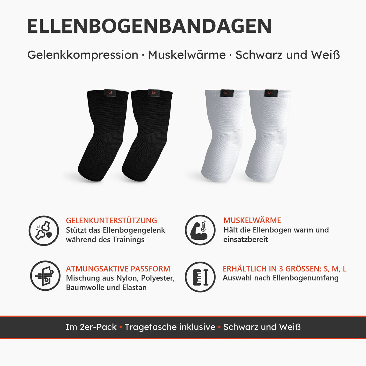 Ellenbogenbandagen in Schwarz und Weiß für Gelenkkompression und Muskelwärme