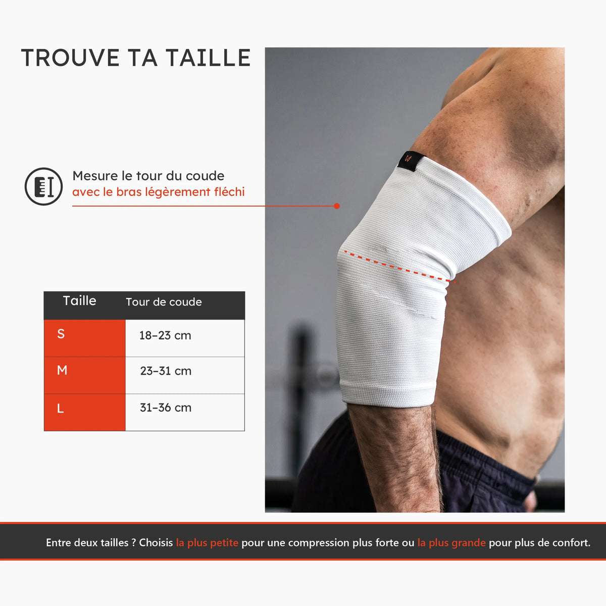 Guide des tailles des manchons de coude avec mesure du tour de coude