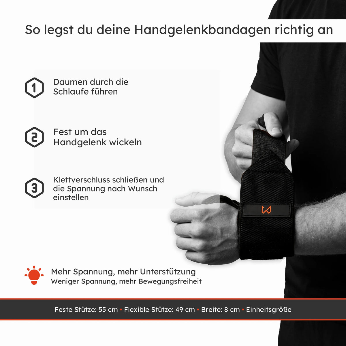 Anleitung zum richtigen Anlegen von Handgelenkbandagen mit Daumenschlaufe