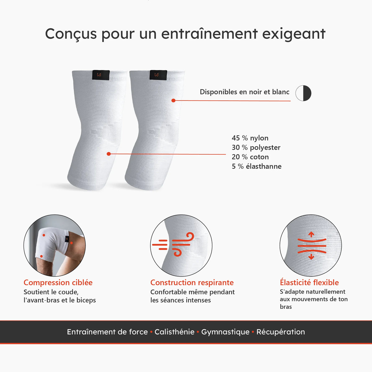 Manchons de coude en nylon, polyester, coton et élasthanne pour la compression