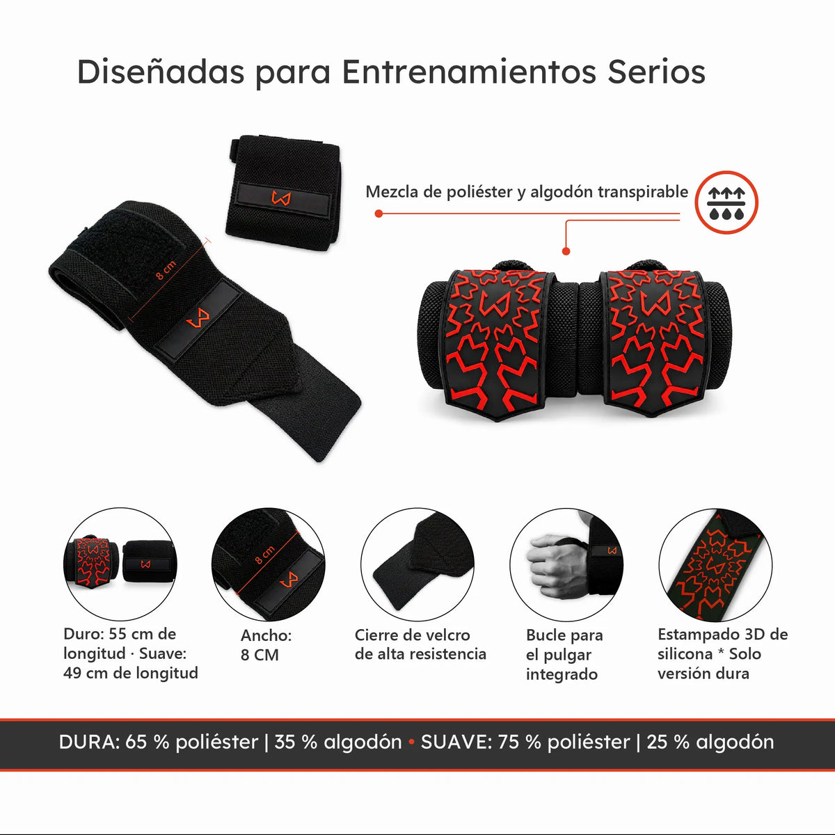 Muñequeras de soporte duro y suave para calistenia con cierre de velcro