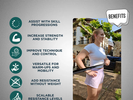 Resistance bands infographic with a woman exercising outdoors