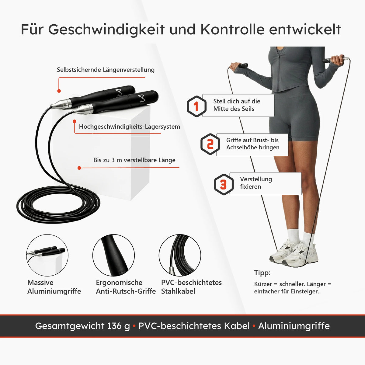 Speed Rope mit verstellbarem 3-m-Stahlkabel und ergonomischen Aluminiumgriffen