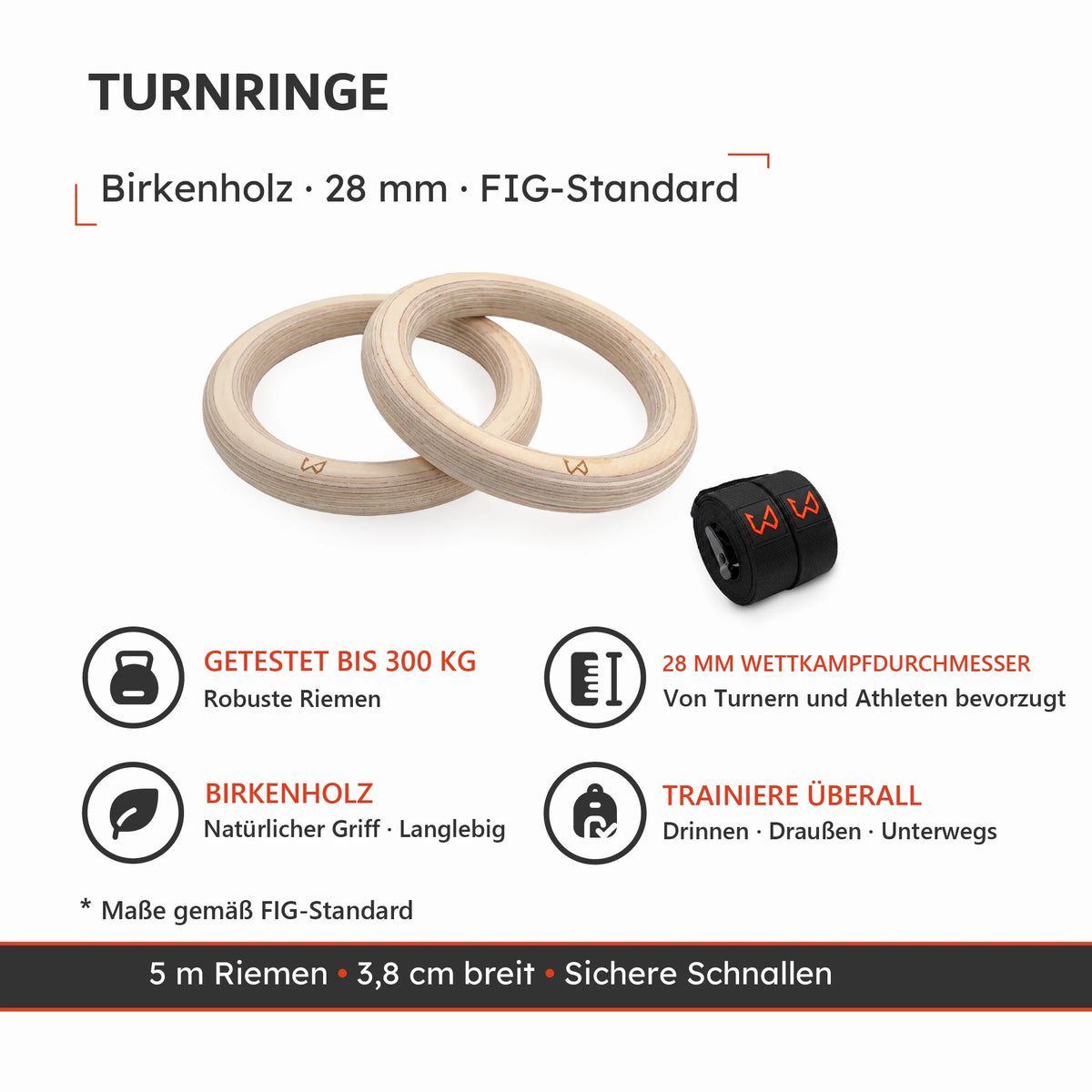 Turnringe aus Birkenholz mit 28 mm Ringstärke und 5 m Riemen, FIG-Standard