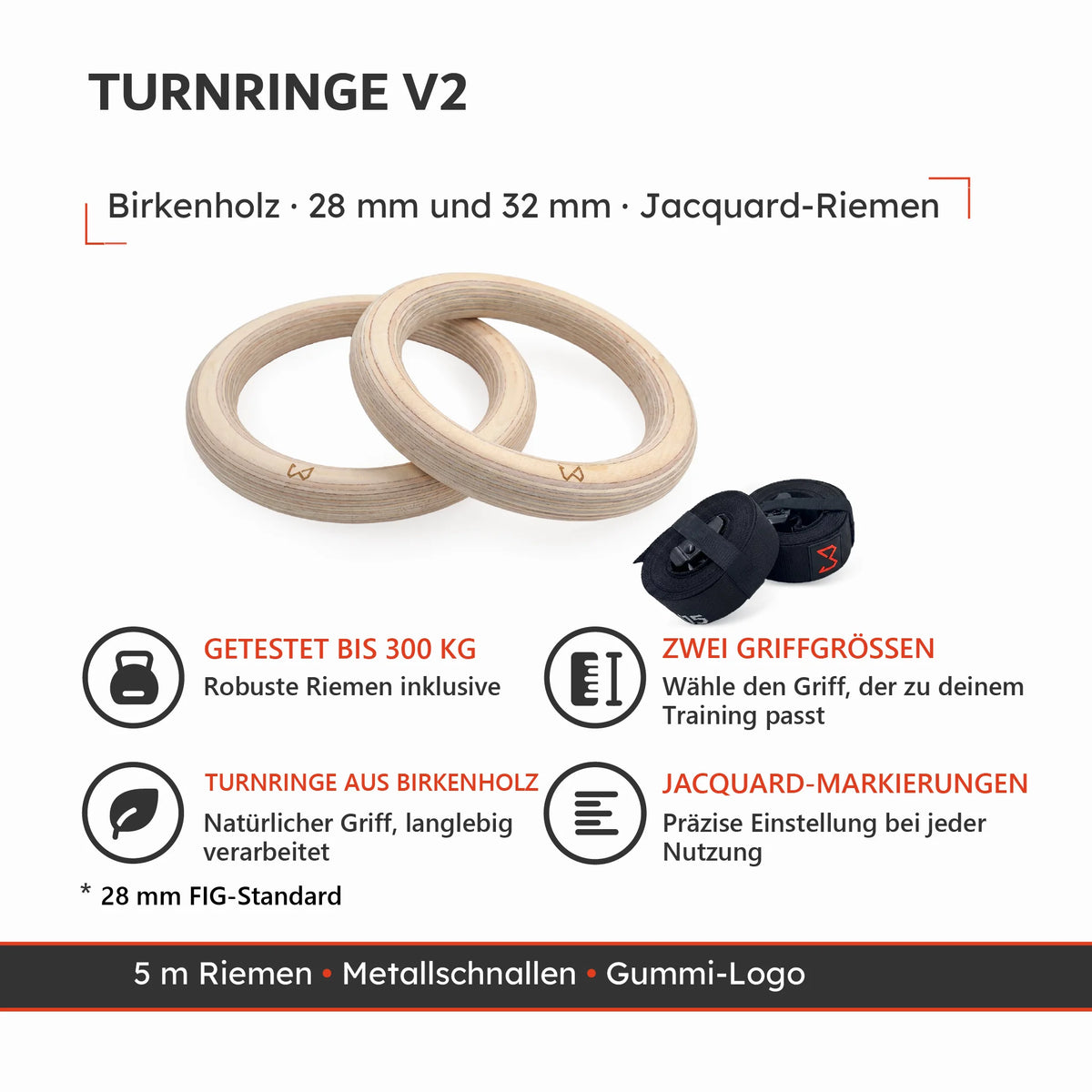 Turnringe V2 aus Birkenholz mit 28 mm und 32 mm Ringstärke, 5 m Jacquard-Riemen und Metallschnallen