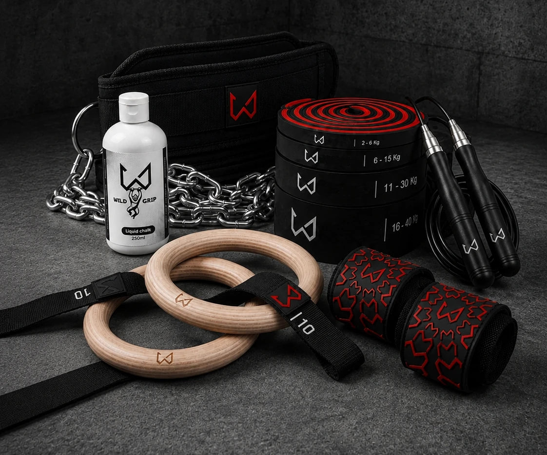 Calisthenics bundles, wrist wraps, dip belts, jump rope and liquid chalk. 