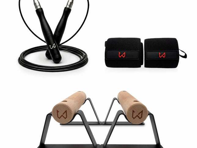 Calisthenics Starter Set – Parallettes, Wrist Wraps & Jump Rope