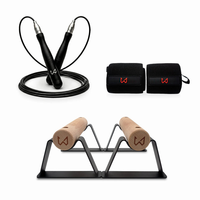 Calisthenics Starter Set – Parallettes, Wrist Wraps & Jump Rope
