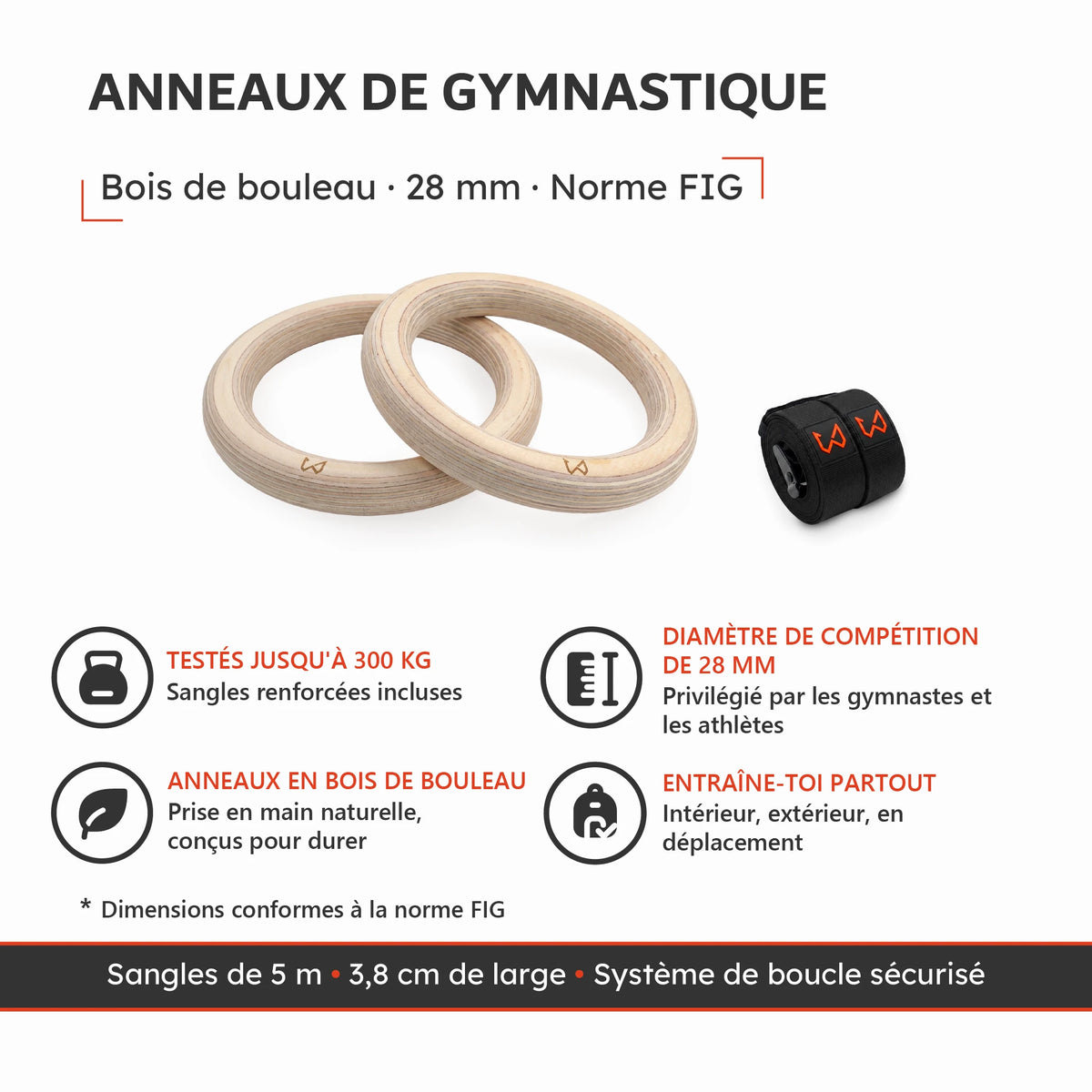 Anneaux de gymnastique Xtenia en bois de bouleau, 28 mm, norme FIG
