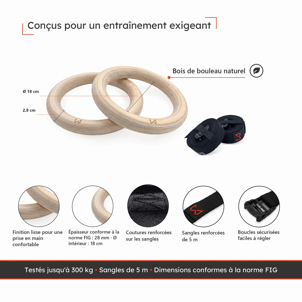 Anneaux de gymnastique Xtenia en bois de bouleau avec sangles renforcées de 5 m