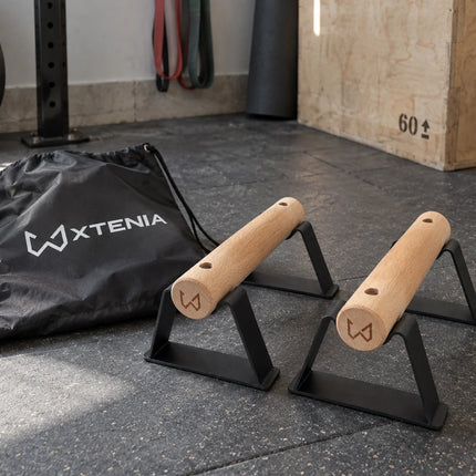 Antlettes V2 wooden parallettes with carry bag in a gym