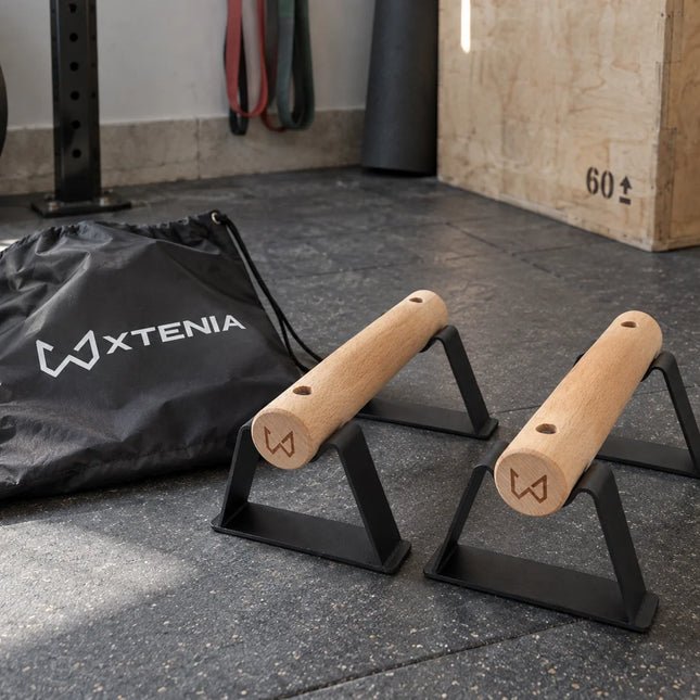 Antlettes V2 wooden parallettes with carry bag in a gym