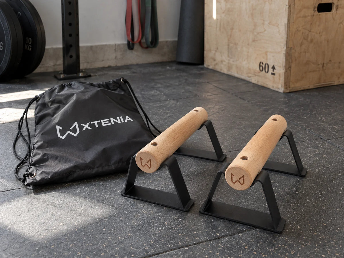 Antlettes V2 wooden parallettes with carry bag in a gym