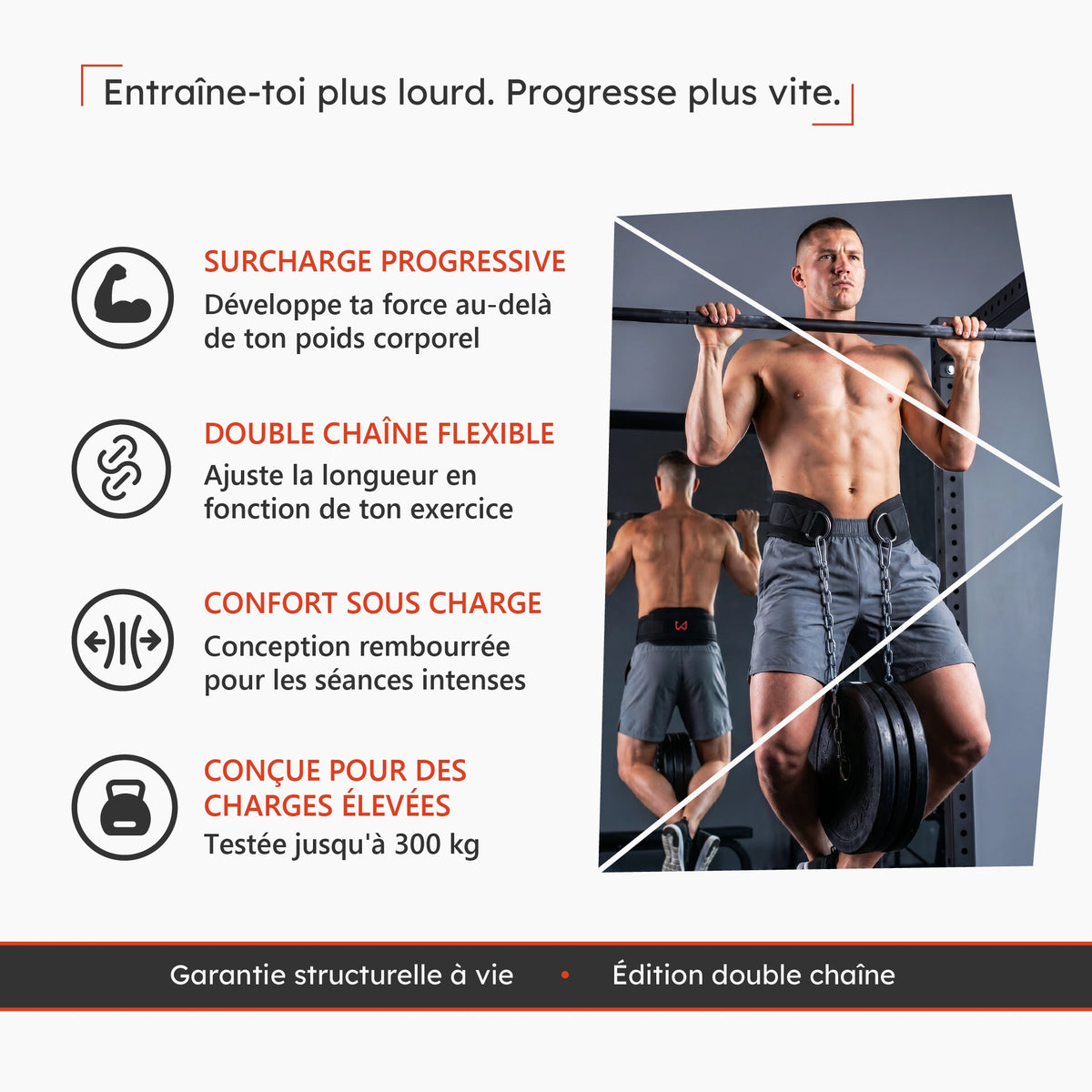 Ceinture de dips Xtenia à double chaîne pour entraînement lesté et muscle-ups