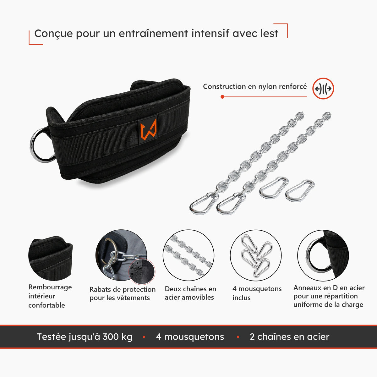 Ceinture de dips Xtenia à double chaîne en nylon renforcé avec mousquetons