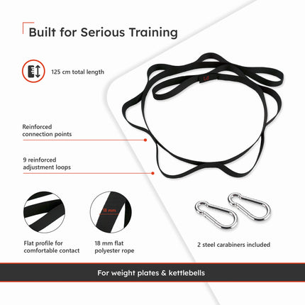 Rope dip belt showing reinforced adjustment loops and steel carabiners