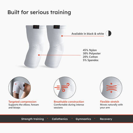 Xtenia elbow sleeves showing breathable fabric, flexible stretch and targeted compression