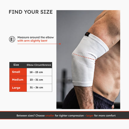 Xtenia elbow sleeve size guide with elbow circumference measurements for sizes S, M and L