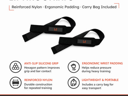 Lifting straps with reinforced nylon, silicone grip and ergonomic wrist padding